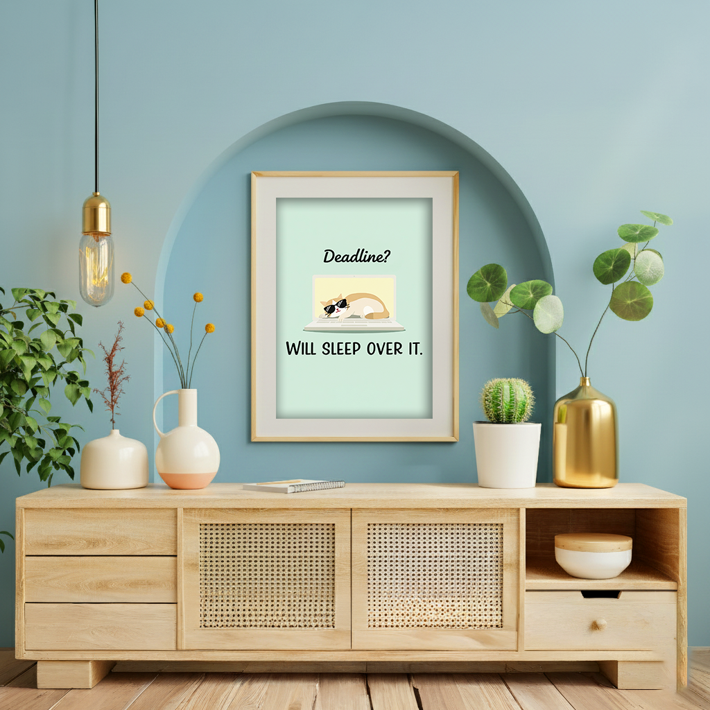 Work Mood Cat Illustration – Humorous Wall Decor