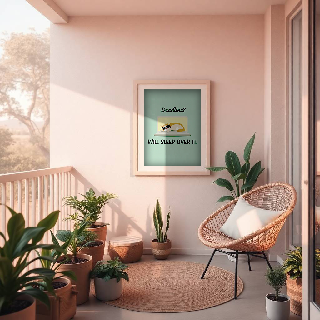 Work Mood Cat Illustration – Humorous Wall Decor